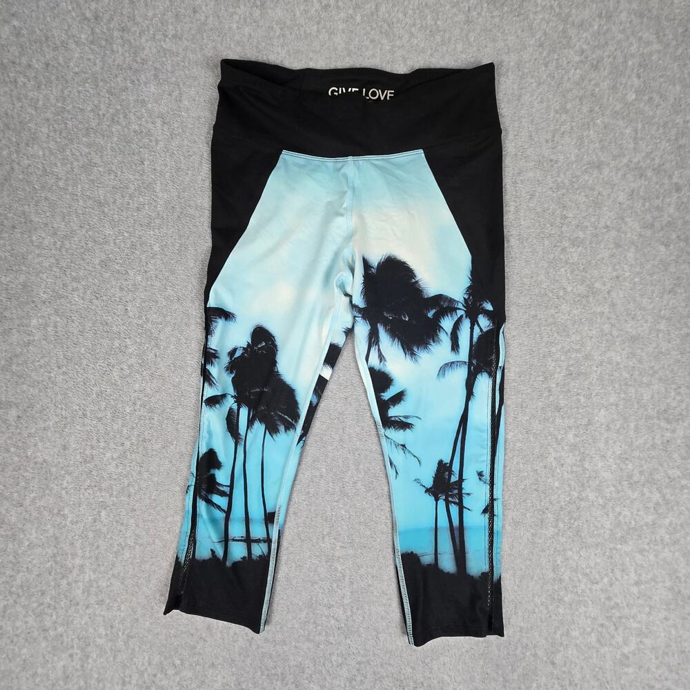 Betsey Johnson Medium Crop Leggings Palm Tree Graphic Black Teal Blue